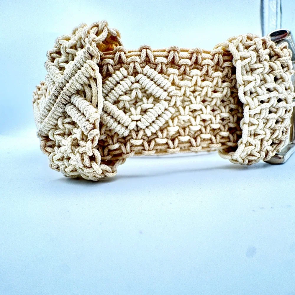 Vintage Beige Macrame Woven Belt Diamond Pattern‎ Boho Silver Buckle 55 Inch